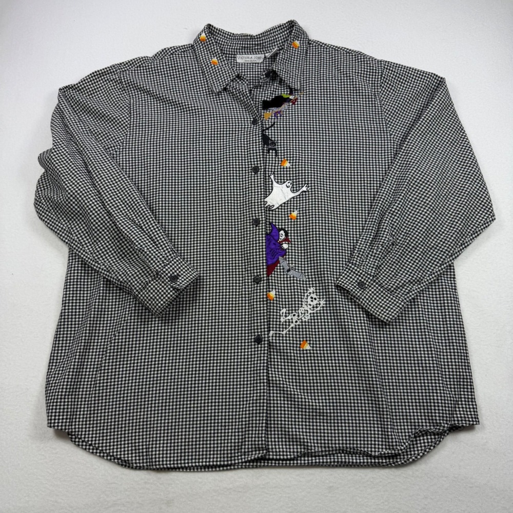 Victoria Jones Woman Halloween Gingham Button Down Shirt Black White 24W Cotton